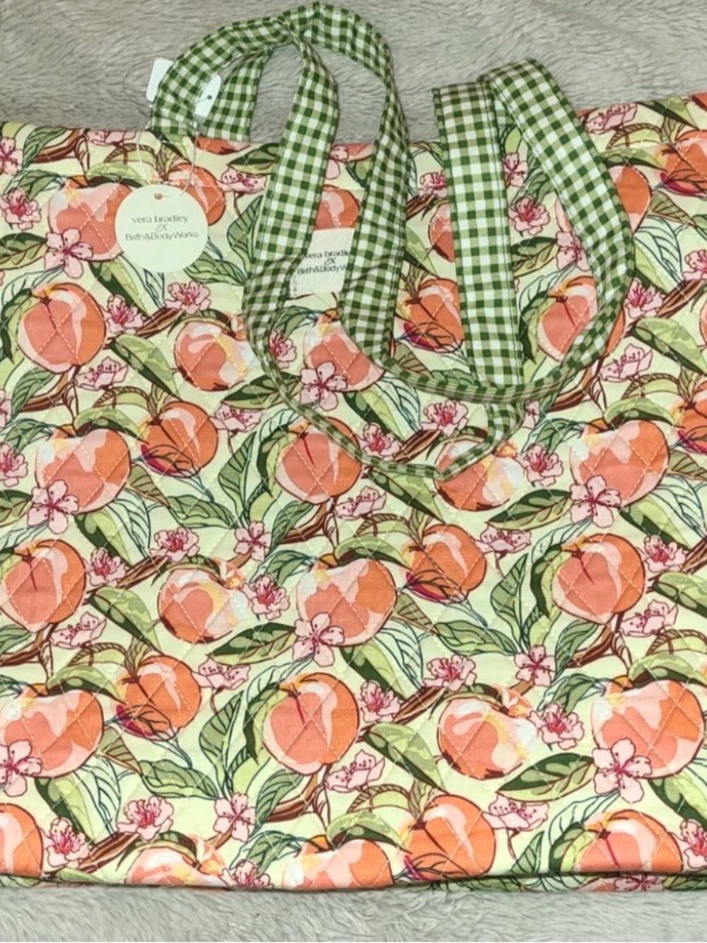 Vera Bradley Peach Blossom Quilted Tote with Green Gingham Handles
